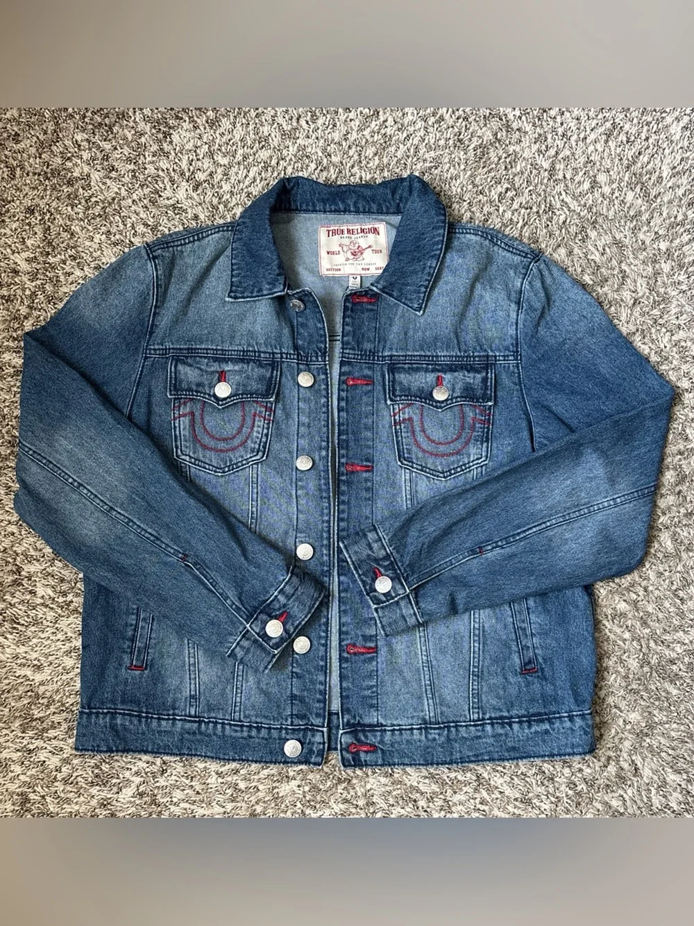 True Religion Blue Denim Jacket with Red Stitching Accents